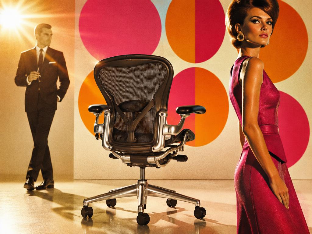 The Herman Miller Aeron chair, an icon of the contemporary office, photographed in 1960s editorial style