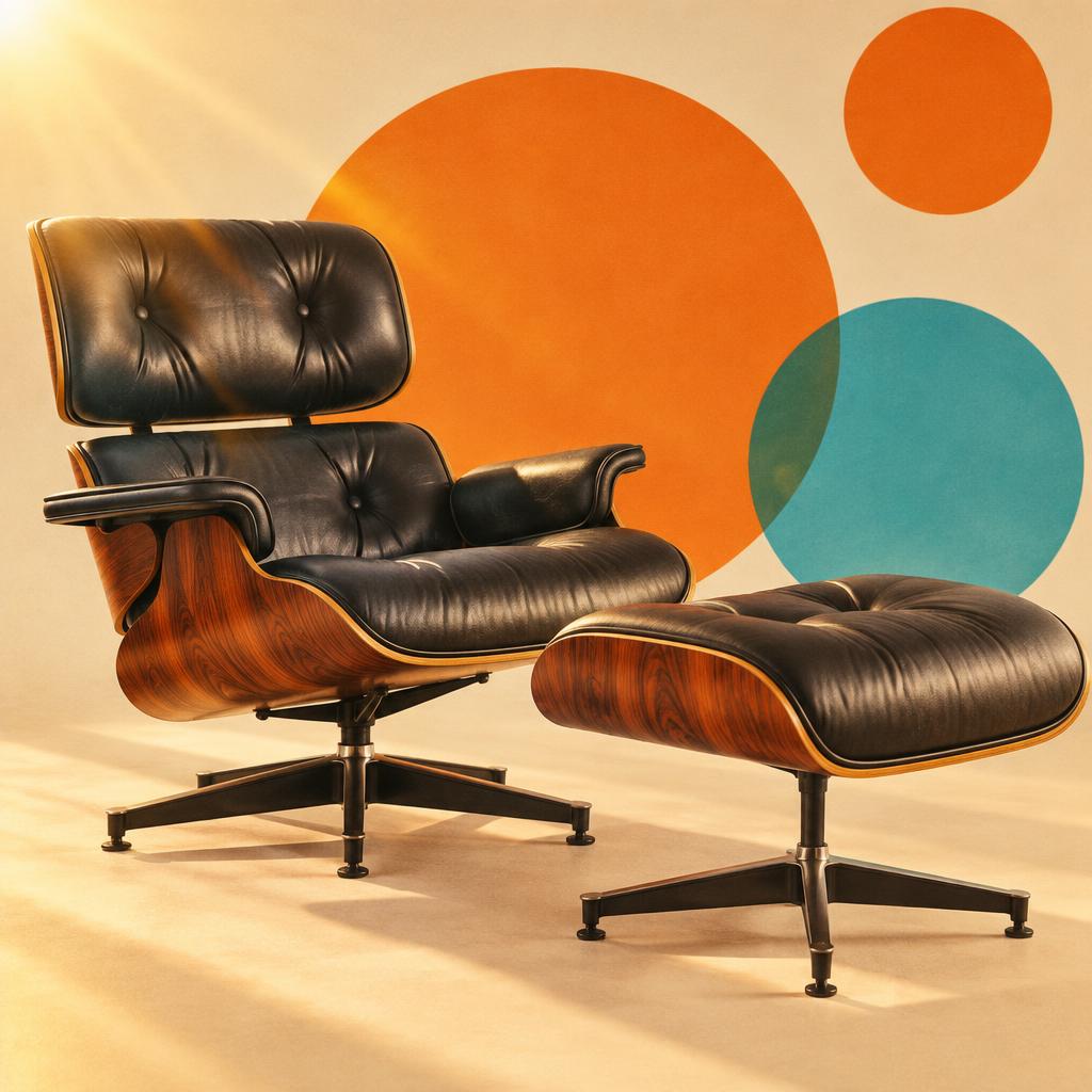 The Eames lounge chair and ottoman in rosewood and black leather, an icon of mid-century design in 1960s editorial style